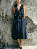 Women's Luxurious Navy Blue Cotton Blend V-Neck Ruffle Midi Dress MDZ1515F3GMJ