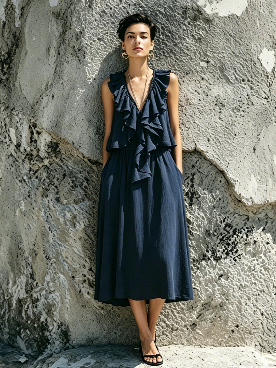 Women's Luxurious Navy Blue Cotton Blend V-Neck Ruffle Midi Dress MDZ1515F3GMJ