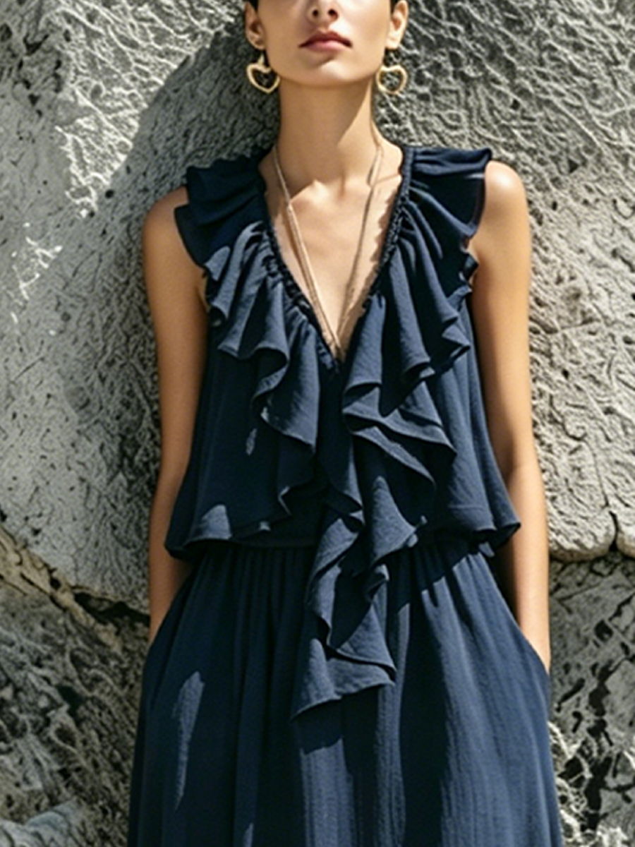 Women's Luxurious Navy Blue Cotton Blend V-Neck Ruffle Midi Dress MDZ1515F3GMJ
