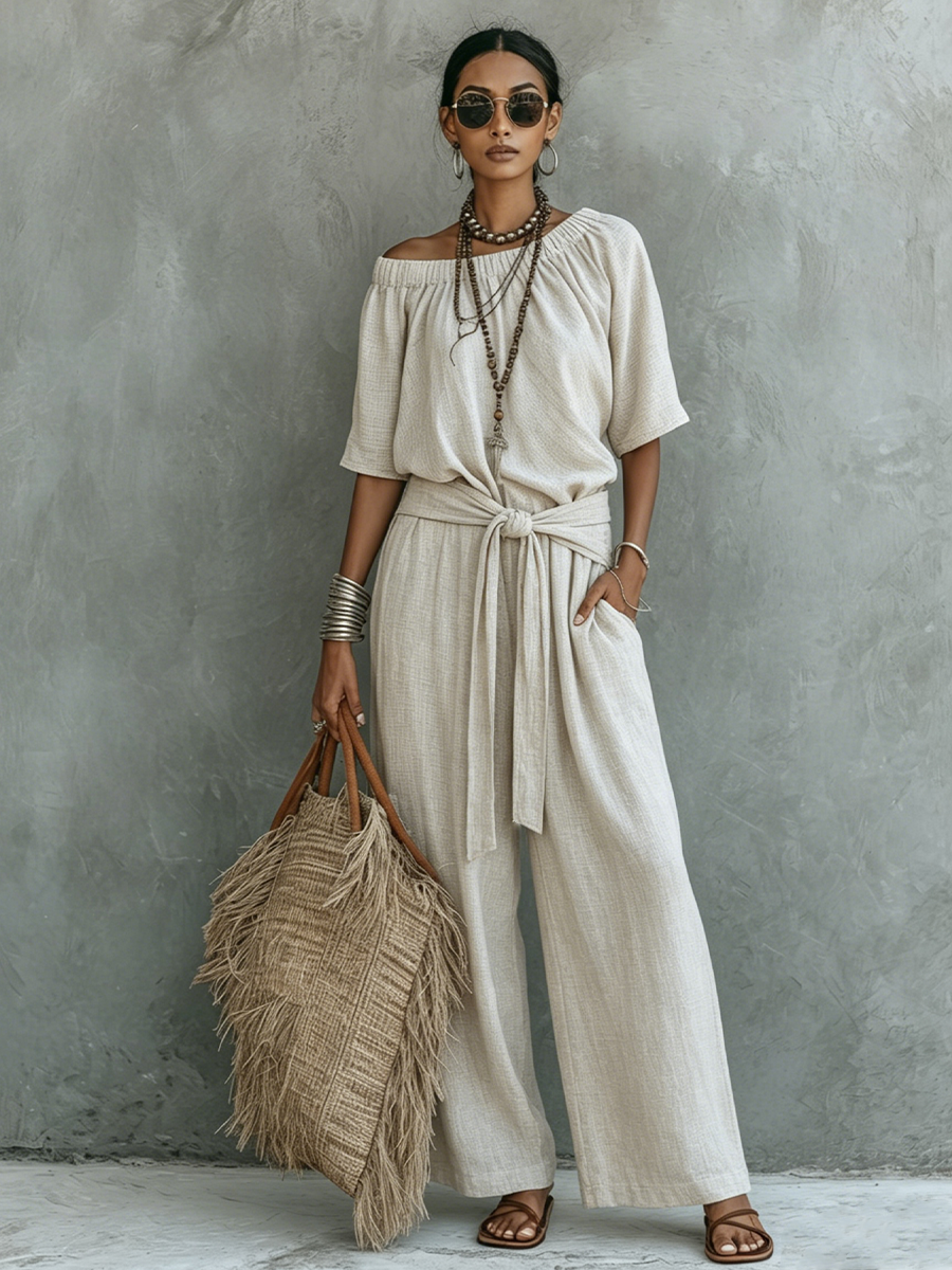Women's Casual Beige Cotton Linen Off-Shoulder Tie-Waist Wide-Leg Jumpsuit MDZ1557F9GMJ