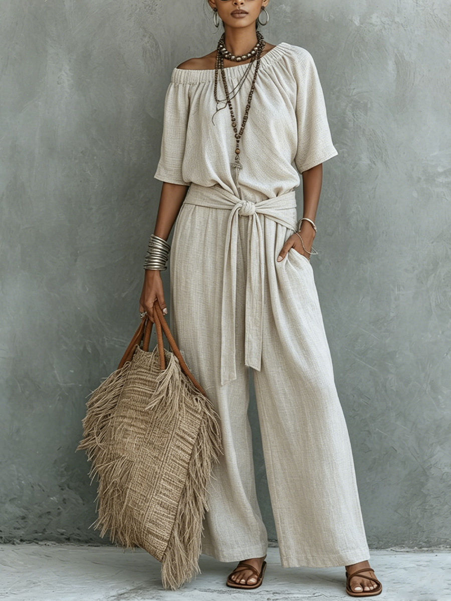 Women's Casual Beige Cotton Linen Off-Shoulder Tie-Waist Wide-Leg Jumpsuit MDZ1557F9GMJ