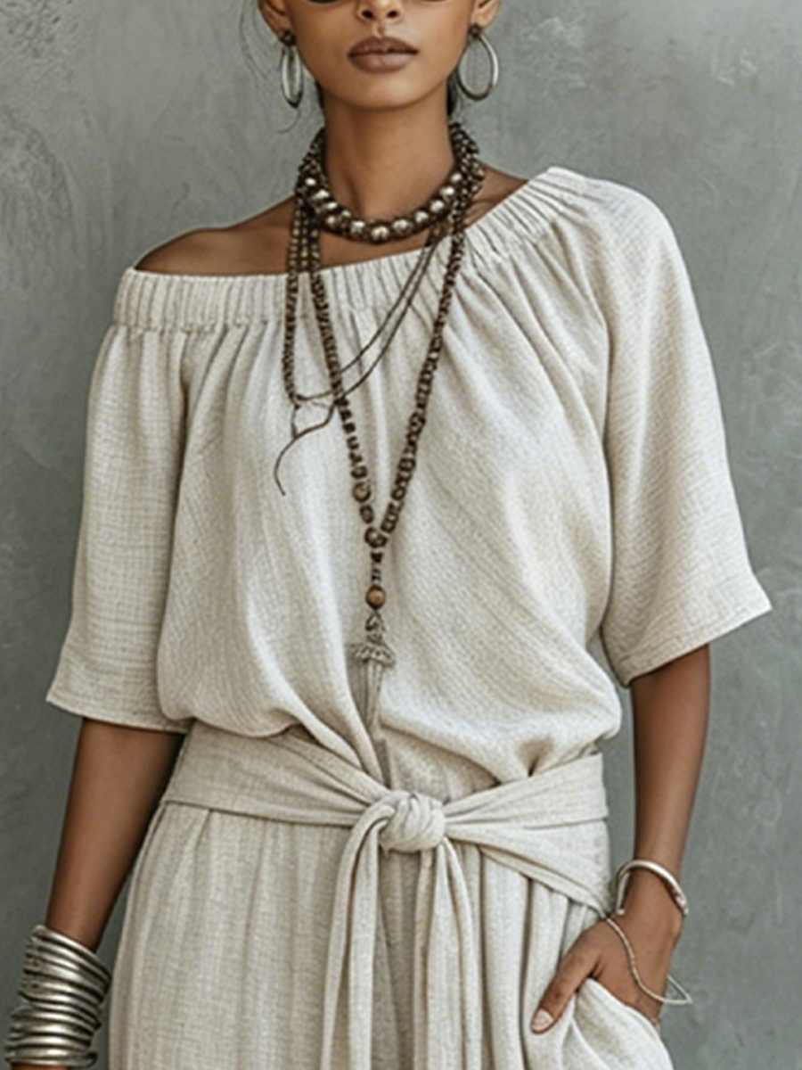 Women's Casual Beige Cotton Linen Off-Shoulder Tie-Waist Wide-Leg Jumpsuit MDZ1557F9GMJ