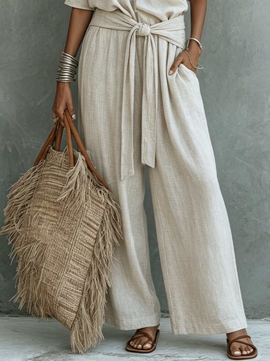 Women's Casual Beige Cotton Linen Off-Shoulder Tie-Waist Wide-Leg Jumpsuit MDZ1557F9GMJ