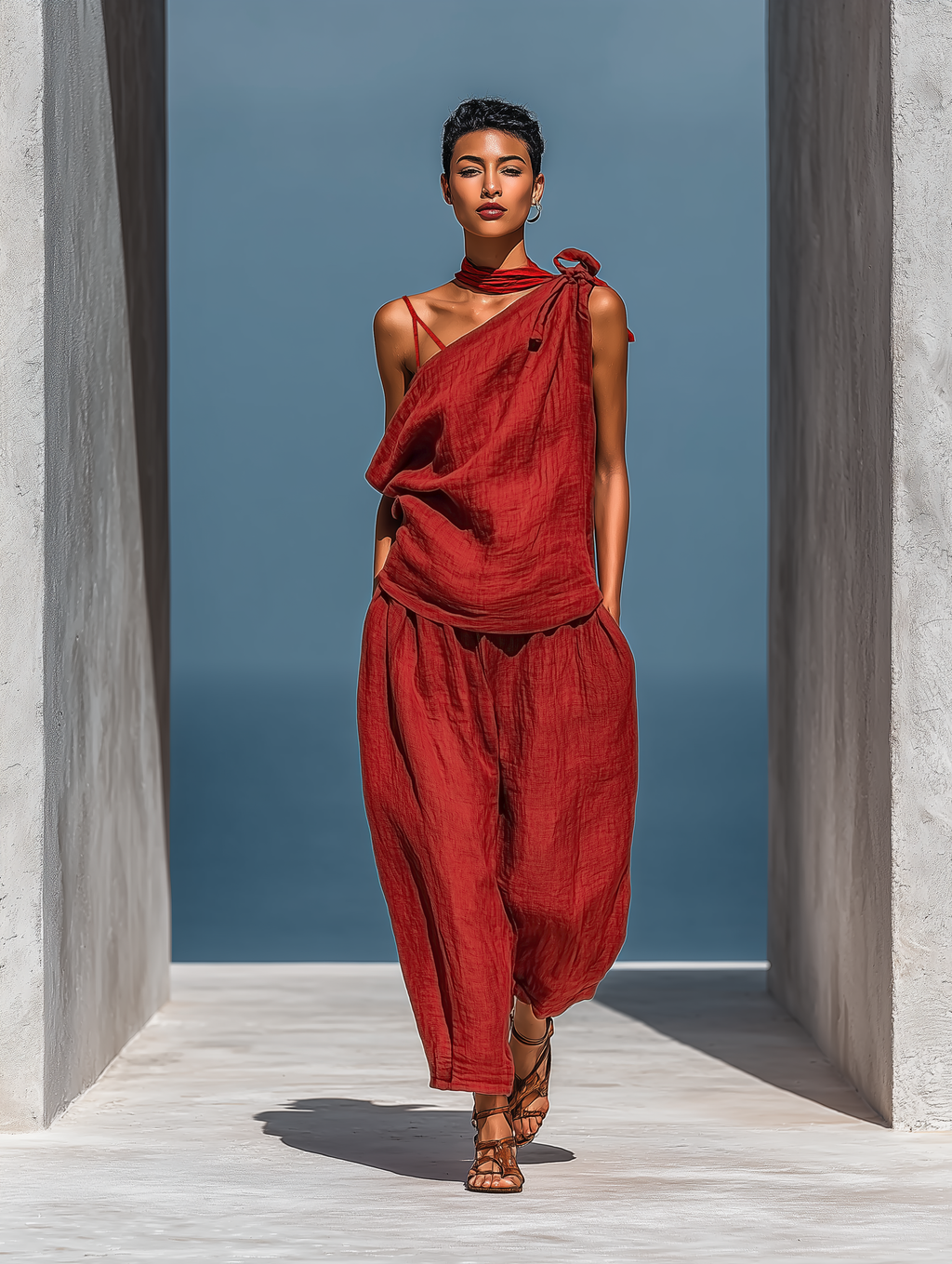 Women’s Red Linen Two-Piece Set: Asymmetrical One-Shoulder Top (Without Neck Scarf) & Wide-Leg Pants With Pockets MDZ2201D4T