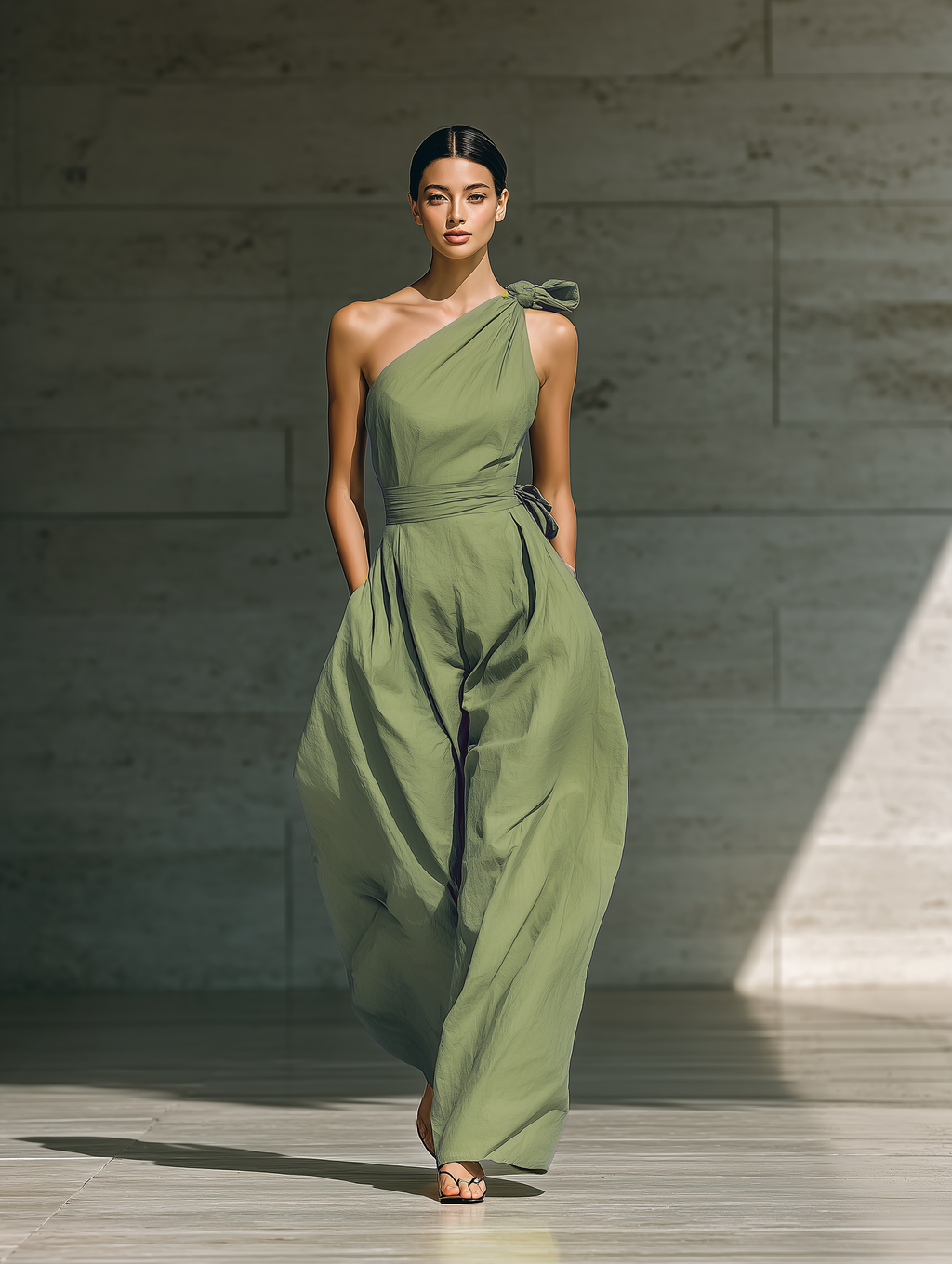 Women's Light Green Cotton And Linen Blend One-Shoulder Wide-Leg Jumpsuit With Tie Waist MDZ3136A8T