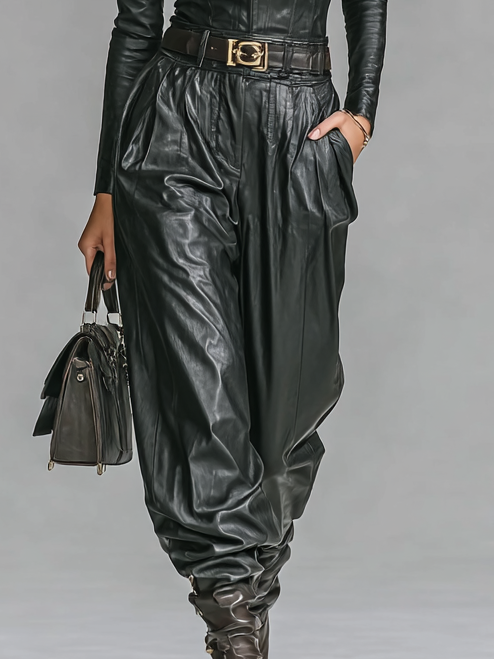 Women's Fashion PU Leather Slim Fit Zipper Stand Collar Shirt Pants Set (Without Belt)MDA2743H0Y