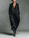 Women's Fashionable Casual Black Glossy Satin Long-sleeved Loose-fitting Maxi Dress With Pockets MDA2476K9AN