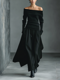 Women's Black Knit Off-Shoulder Fitted Top And Woven Fabric Skirt Set MDA1430K2T