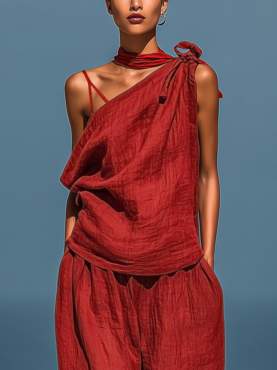 Women’s Red Linen Two-Piece Set: Asymmetrical One-Shoulder Top (Without Neck Scarf) & Wide-Leg Pants With Pockets MDZ2201D4T