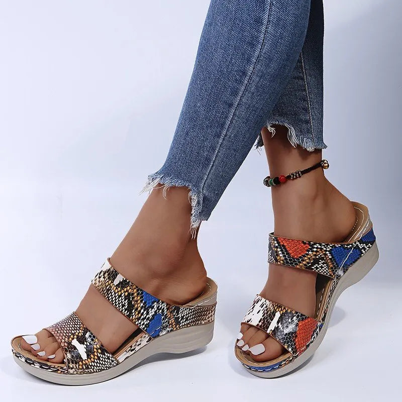 2024 🌹New Leopard Print Leather Wedge Soft Sole Sandals
