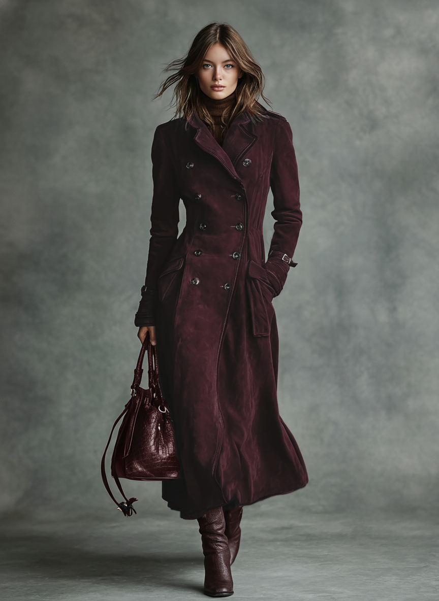 Women's Suede Trim Double-breasted Lapel Long Coat MDA2580H6Y