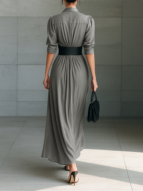 Ladies Lapel Long Sleeve Single Breasted Belt Maxi Dress MDA1758G1Y