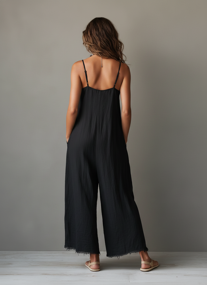 Women's Minimalist Loose-Fit Linen-Blend Jumpsuit With Lace Neckline, Spaghetti Straps, And Frayed Hems MDZ0171F3Y