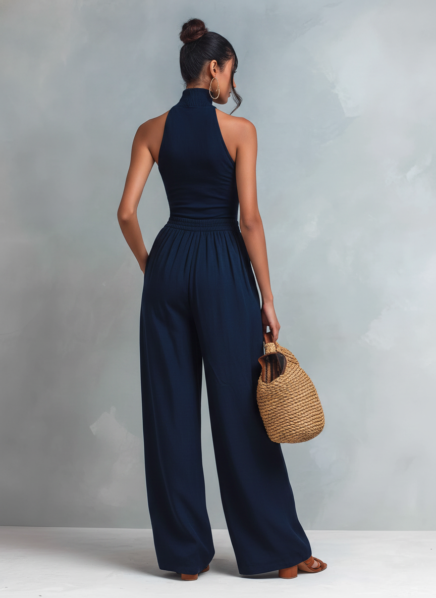 Women's Cotton-Blend Sleeveless High-Neck Slim-Fit Wide-Leg Jumpsuit In Dark Blue MDZ0270F1ZJW