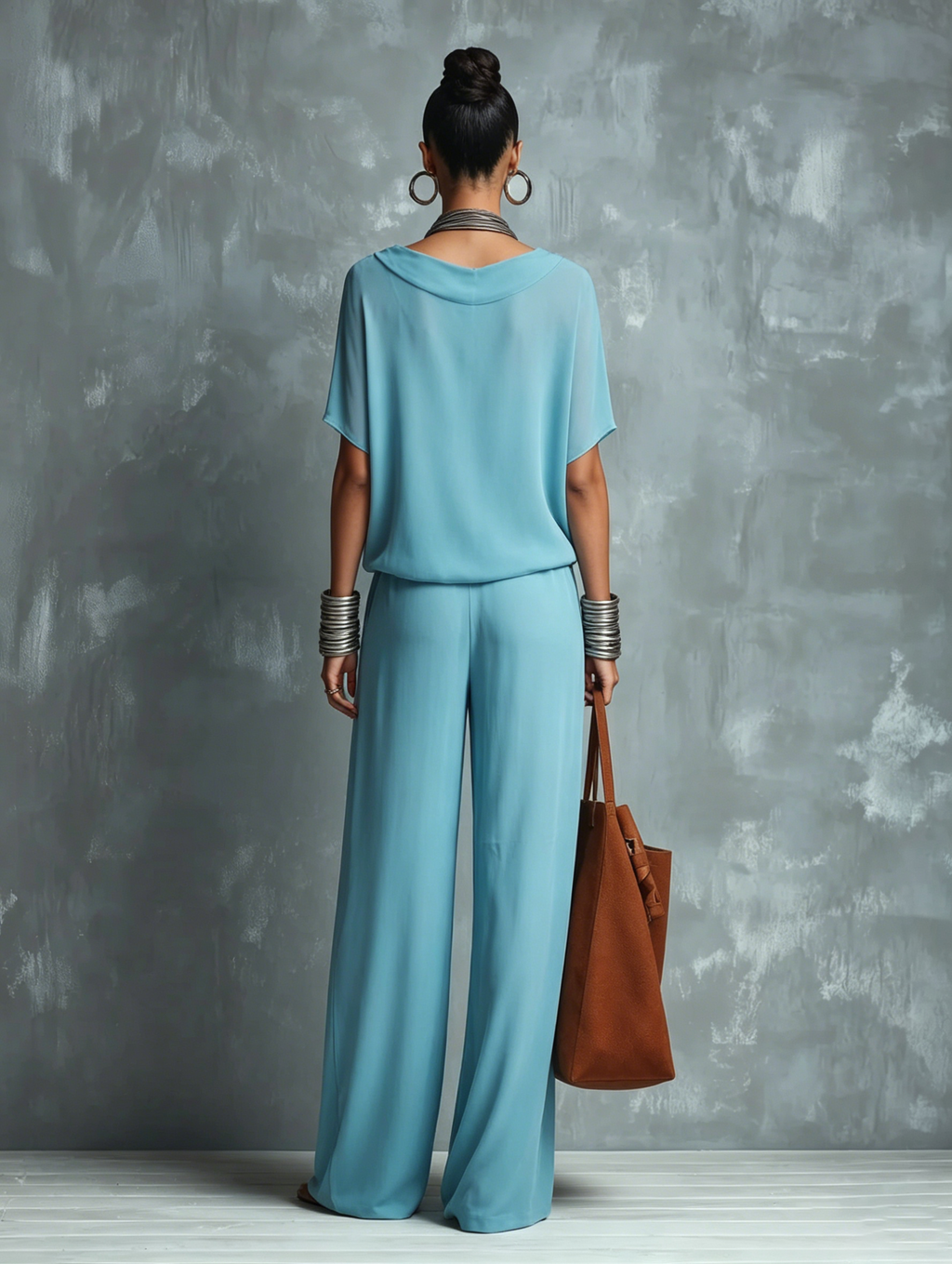 Women's Blue Chiffon Cowl-Neck Short-Sleeve Top And Wide-Leg Pants Set MDZ0317F0ZJW