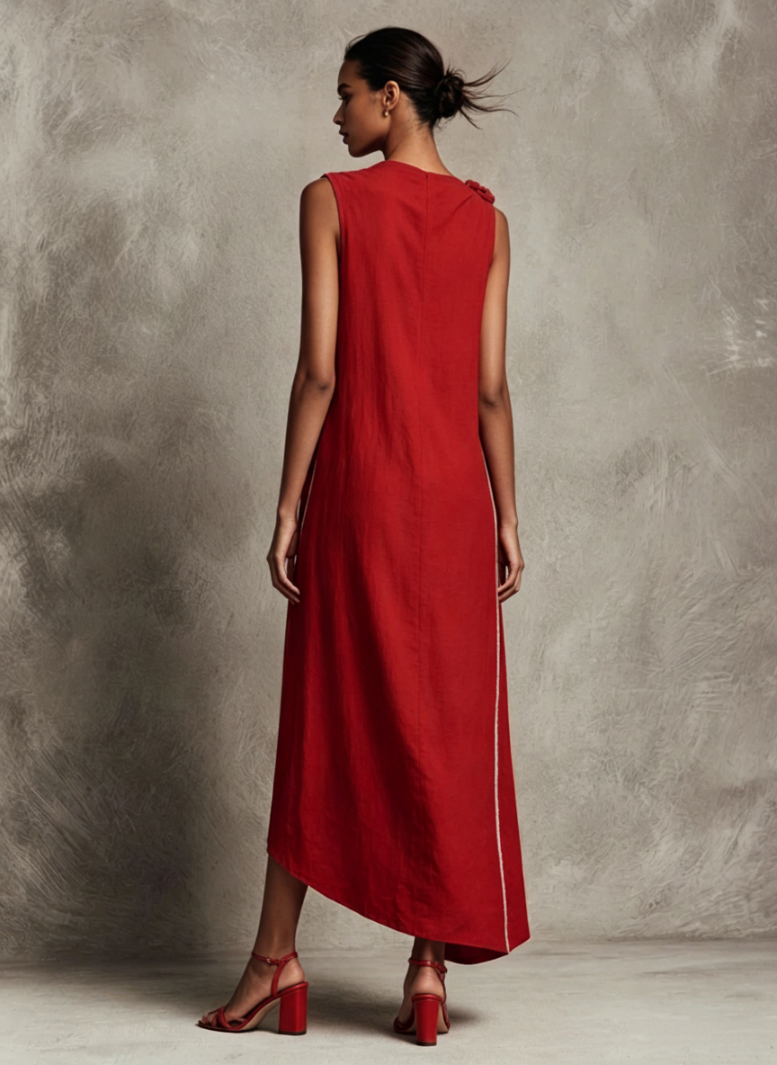 Women's Resort Style Red Cotton Linen Twisted Embroidery White Trim Maxi Dress MDZ0469F7GMJ