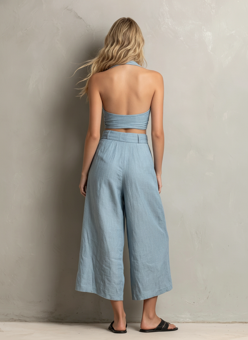 Women's Casual Light Blue Cotton-linen V-neck Sleeveless Top Paired With Loose-fitting Cropped Trousers MDZ0514F4LXY