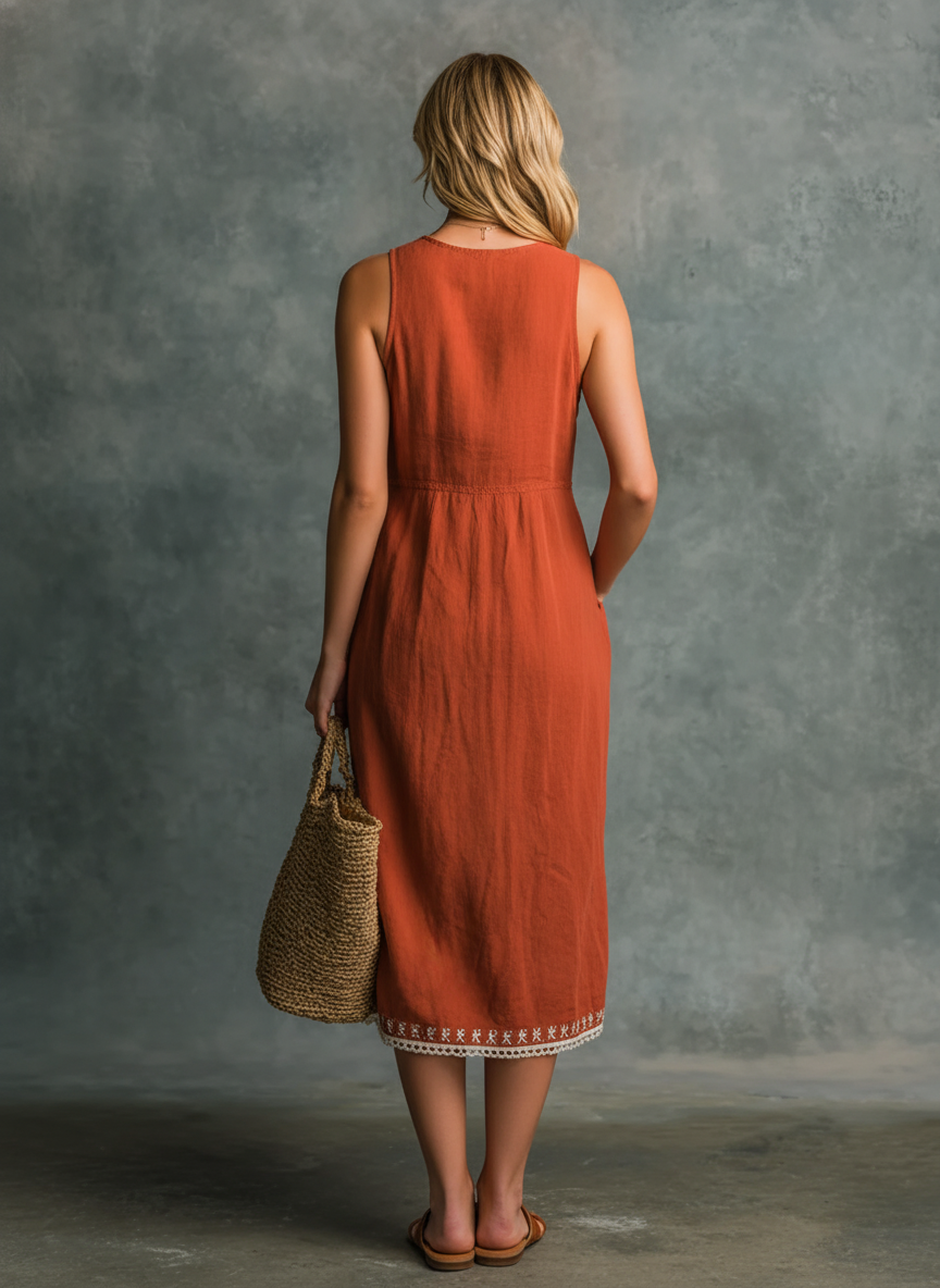 Women's Vacation Style Brick Red Cotton Linen Sleeveless V-Neck Lace Embroidered Midi Dress MDZ0524F0GMJ