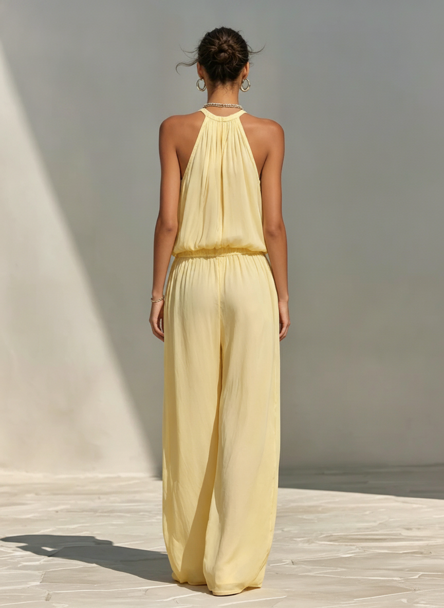 Women's Pale Yellow Chiffon Jumpsuit With Halter Neck & Drawstring Waist, Minimalist Casual Beach Jumpsuit MDZ0554F2LYL