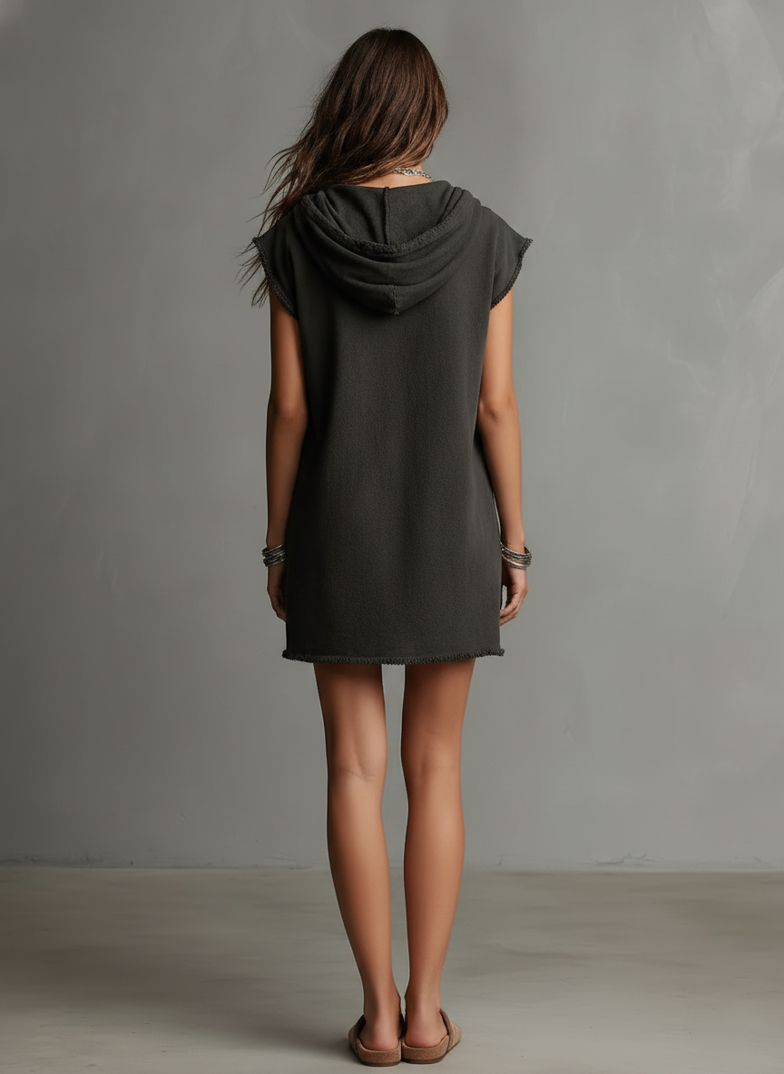 Women's Casual Hooded Mini Sweatshirt Dress With Drop Shoulders And Rolled Cuffs MDZ0580F5WY