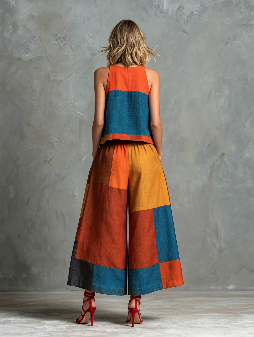 Women's Casual Sleeveless Round-neck Top And Trousers In A Multi-color Patchwork Cotton-linen Blend MDZ0917F0LXY
