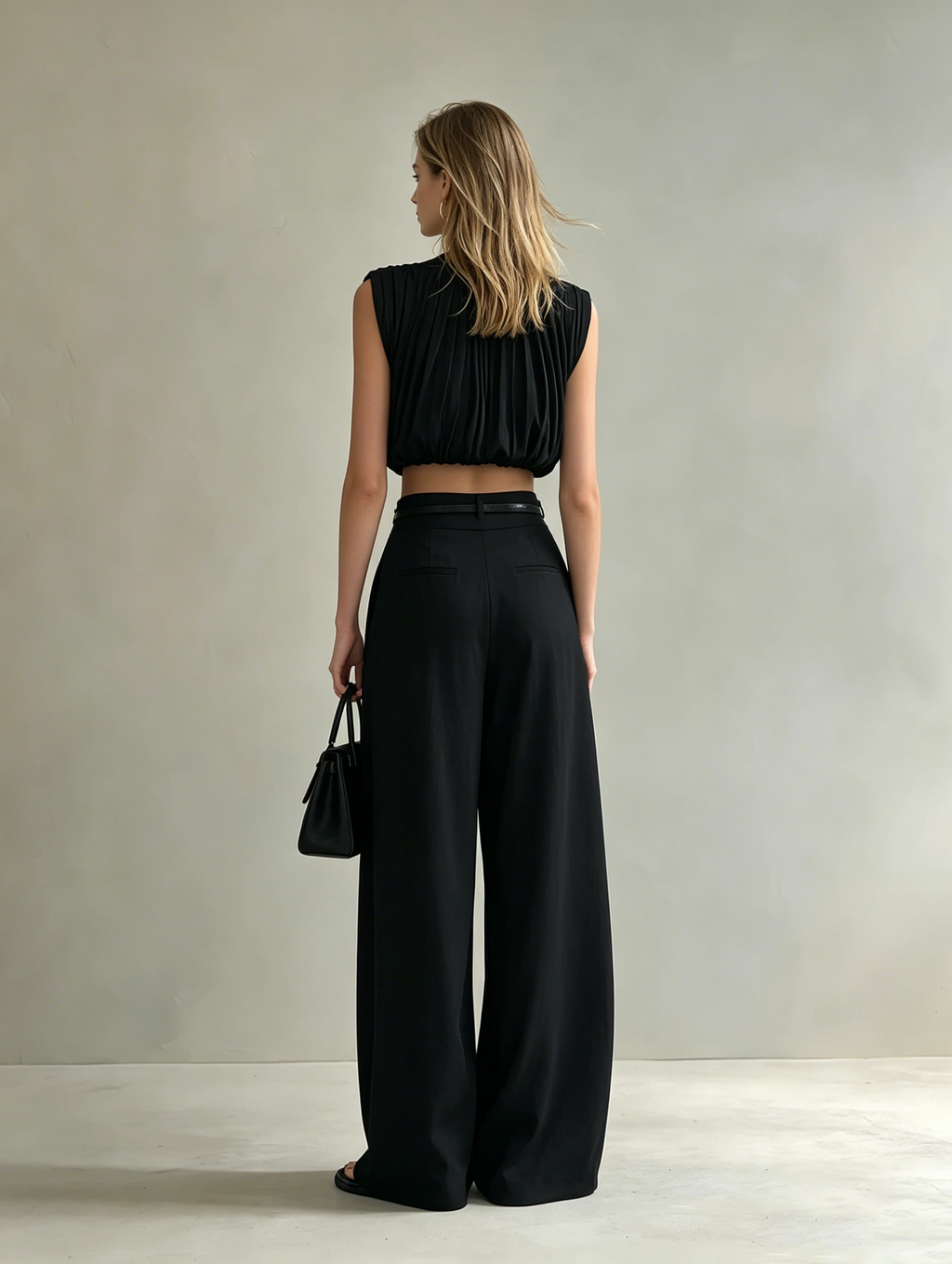 Women's Elegant Black Sleeveless Chiffon Top Paired With Black Woven Trousers (belt Not Included) MDZ0919F3LXY