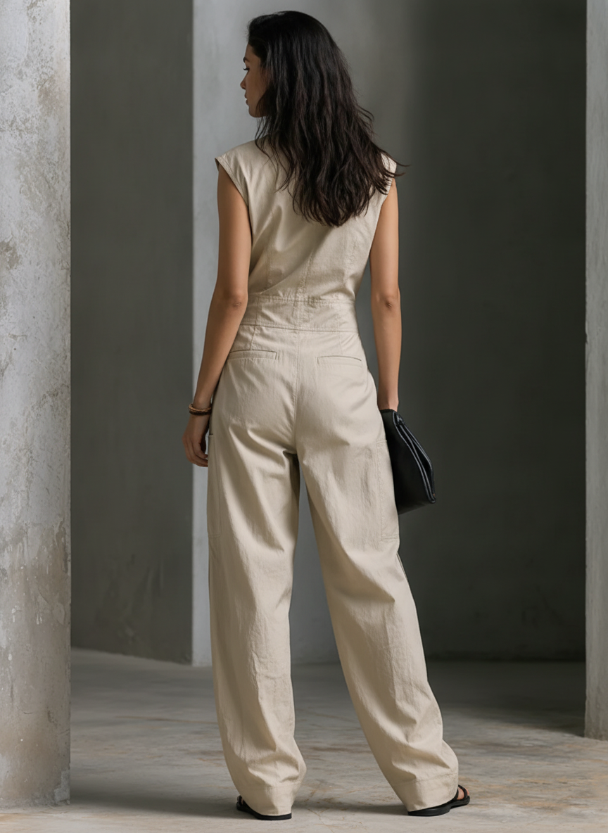 Women’s Casual Style Khaki Cotton Blend Contrast Piping V-Neck Patch Pocket Sleeveless Wide Leg Jumpsuit MDZ1210F5GMJ