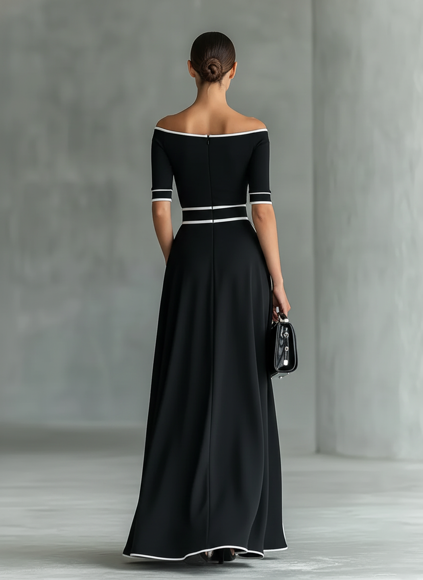 Women's Minimalist & Elegant White-Trimmed Off-the-Shoulder Top And Skirt Set MDZ2946E9Y