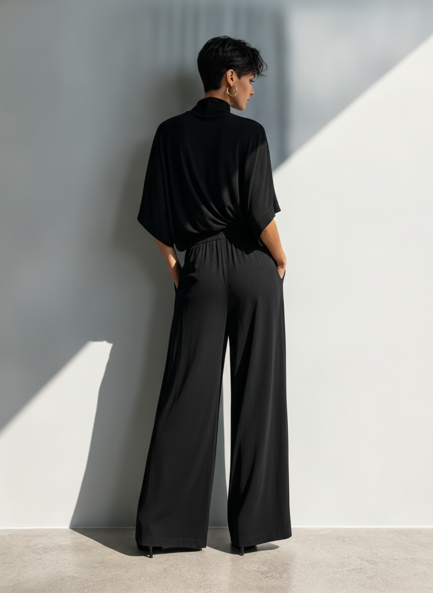 Women's Minimalist Cotton-Blend Set: Half-Sleeve Cowl-Neck Top & Wide-Leg Trousers MDZ2965E3ZJW