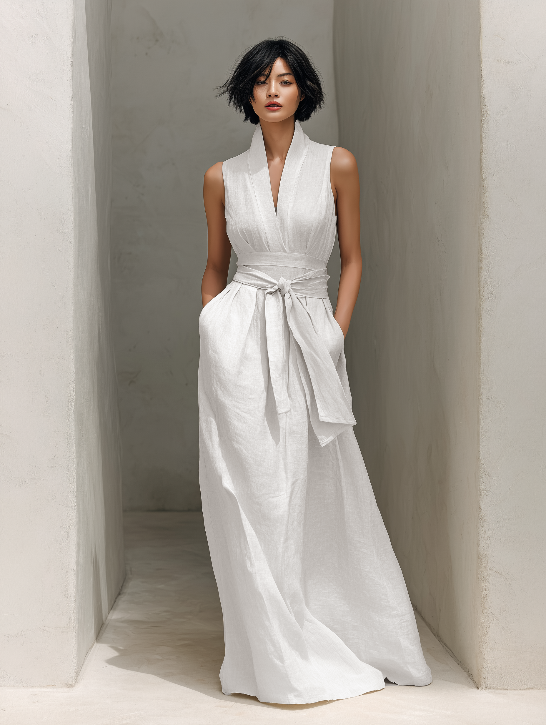 Women's Minimalist Cotton And Linen Blend V-neck Belted Sleeveless Maxi Dress MDZ0803A4Y